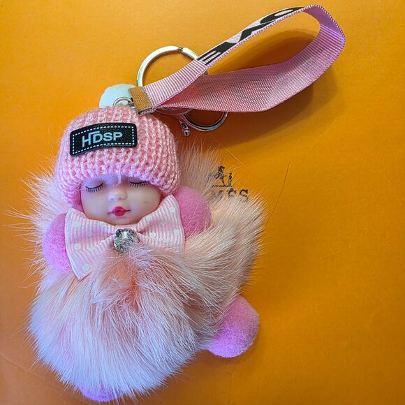 Cute Baby Sleeping Keychain with LOVE tag, Plush rabbit fur, Bag Charm - Picture 4 of 6